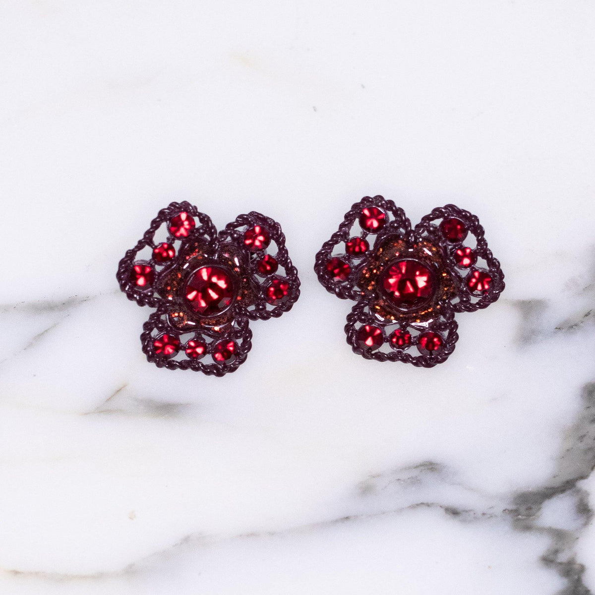 Vintage Red Rhinestone Flower Earrings in Red Painted Enamel Finish