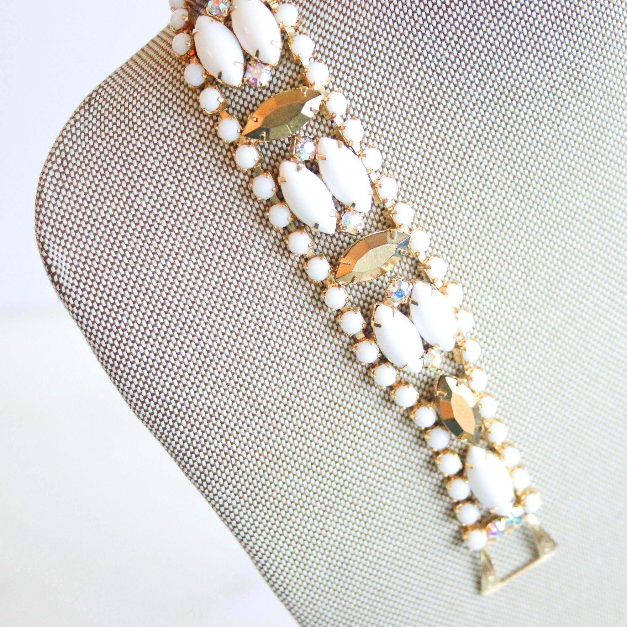 Vintage Milk Glass and Gold Marquise Rhinestone Bracelet by Juliana - Vintage Meet Modern Vintage Jewelry - Chicago, Illinois - #oldhollywoodglamour #vintagemeetmodern #designervintage #jewelrybox #antiquejewelry #vintagejewelry