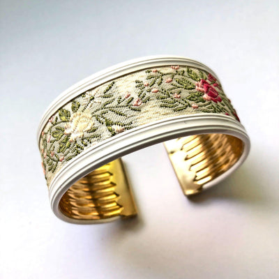 Vintage Floral Tapestry White Cuff Bracelet by Unsigned Beauty - Vintage Meet Modern Vintage Jewelry - Chicago, Illinois - #oldhollywoodglamour #vintagemeetmodern #designervintage #jewelrybox #antiquejewelry #vintagejewelry