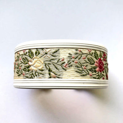 Vintage Floral Tapestry White Cuff Bracelet by Unsigned Beauty - Vintage Meet Modern Vintage Jewelry - Chicago, Illinois - #oldhollywoodglamour #vintagemeetmodern #designervintage #jewelrybox #antiquejewelry #vintagejewelry