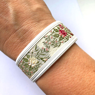 Vintage Floral Tapestry White Cuff Bracelet by Unsigned Beauty - Vintage Meet Modern Vintage Jewelry - Chicago, Illinois - #oldhollywoodglamour #vintagemeetmodern #designervintage #jewelrybox #antiquejewelry #vintagejewelry