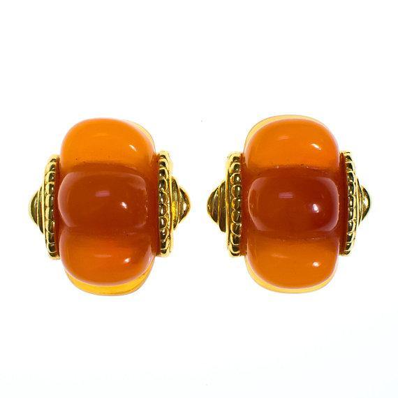 Vintage KJL Orange Lucite Shell Earrings by KJL - Vintage Meet Modern Vintage Jewelry - Chicago, Illinois - #oldhollywoodglamour #vintagemeetmodern #designervintage #jewelrybox #antiquejewelry #vintagejewelry