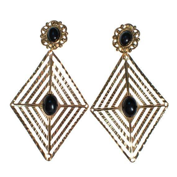 Vintage Large Gold and Black Geometric Diamond Shape Statement Earrings