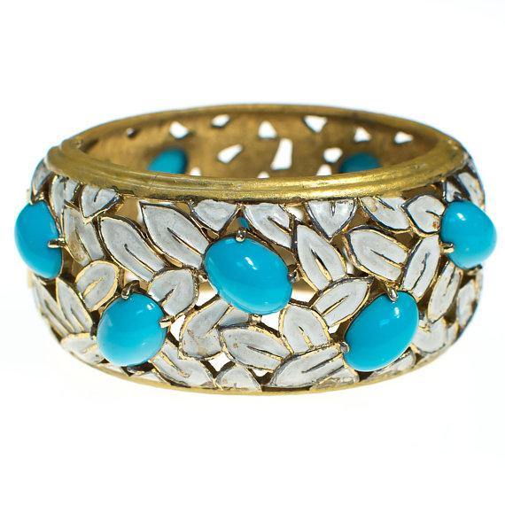 Vintage Jomaz White Flower and Turquoise Cabochon Wide Hinged Bangle Bracelet by 1960s - Vintage Meet Modern Vintage Jewelry - Chicago, Illinois - #oldhollywoodglamour #vintagemeetmodern #designervintage #jewelrybox #antiquejewelry #vintagejewelry