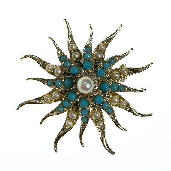 Vintage Gold Star Brooch with Pearls and Turquoise Cabochons
