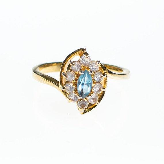 Vintage Blue Topaz Crystal Statement Ring Princess Setting Marquise Cut Center Stone Gold Plated Ring Size 7.25