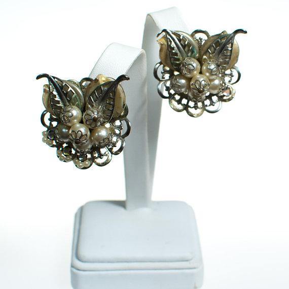Vintage Silver Tone Large Lily of the Valley Flower Statement Earrings, Lucite Leaves, Faux Pearls, Clip-on by 1950s - Vintage Meet Modern Vintage Jewelry - Chicago, Illinois - #oldhollywoodglamour #vintagemeetmodern #designervintage #jewelrybox #antiquejewelry #vintagejewelry