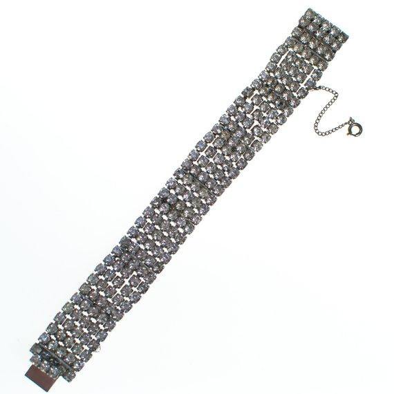 Vintage Art Deco Wide Clear Diamante Rhinestone Bracelet, Rhodium Plated Silver Tone, 1940s Era