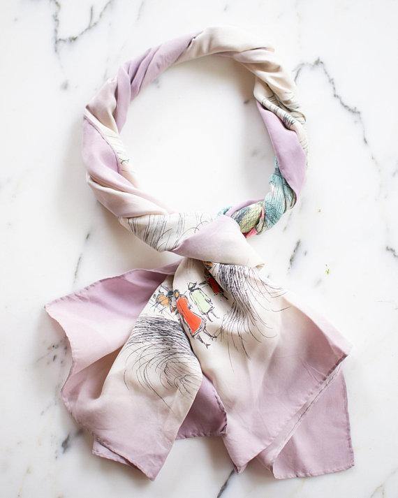 Vintage Parishian Street Scene Hand Dyed Pastel Colored Silk Scarf