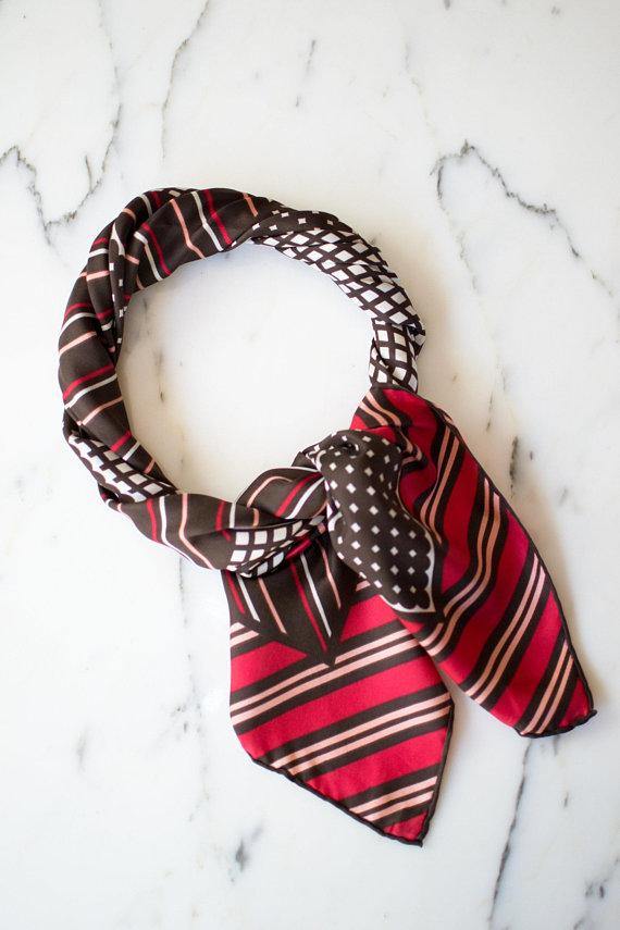 Pierre Cardin Silk Scarf, Geometric Design, Brown, White, Pink, and Red, Stripes and Squares by Pierre Cardin - Vintage Meet Modern Vintage Jewelry - Chicago, Illinois - #oldhollywoodglamour #vintagemeetmodern #designervintage #jewelrybox #antiquejewelry #vintagejewelry