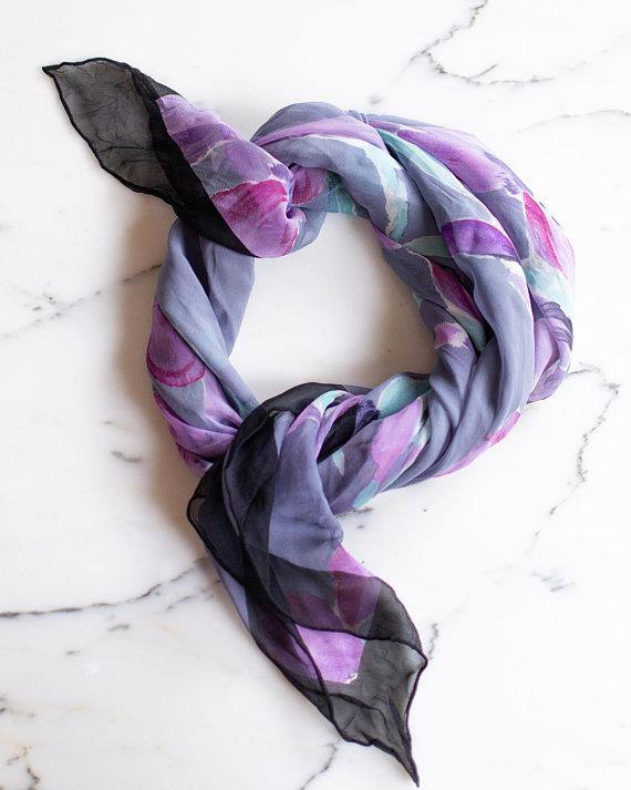 Dana Buchman Purple and Aqua Floral Scarf Iris Orchid by Dana Buchman - Vintage Meet Modern Vintage Jewelry - Chicago, Illinois - #oldhollywoodglamour #vintagemeetmodern #designervintage #jewelrybox #antiquejewelry #vintagejewelry