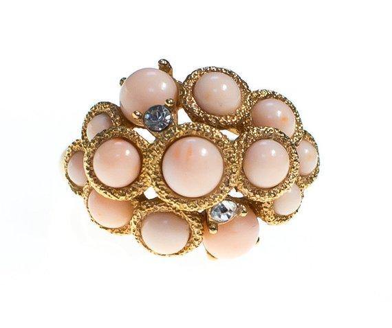Vintage Avon Faux Angel Skin Coral Lucite and Diamante Crystal Statement Ring