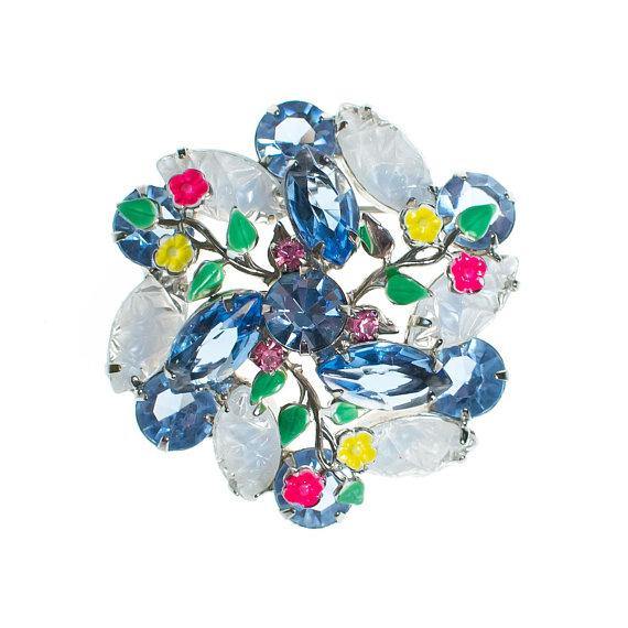 Vintage Blue Rhinestone Brooch with Colorful Enamel Flower Accents Pressed Glass Rhinestone Leaves by 1950s - Vintage Meet Modern Vintage Jewelry - Chicago, Illinois - #oldhollywoodglamour #vintagemeetmodern #designervintage #jewelrybox #antiquejewelry #vintagejewelry