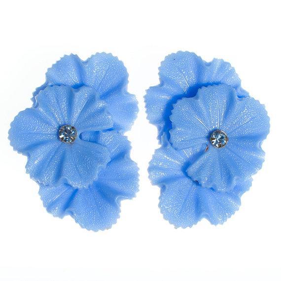 Blue Lucite Flower Clip On Earrings with Pale Blue Rhinestone by 1950s - Vintage Meet Modern Vintage Jewelry - Chicago, Illinois - #oldhollywoodglamour #vintagemeetmodern #designervintage #jewelrybox #antiquejewelry #vintagejewelry