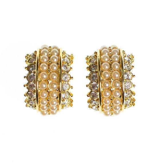 Vintage Joan Rivers Pearl and Rhinestone Half Hoop Earrings, Clip On