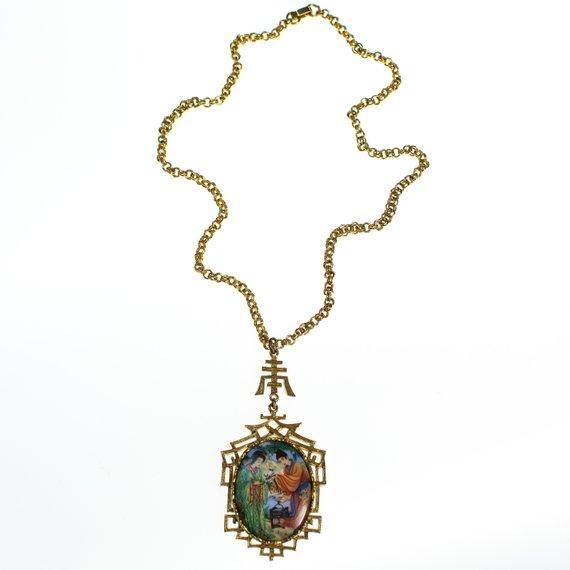 Vintage 1960s Asian Garden Scene Necklace with Geisha, Statement Necklace, Long Pendant