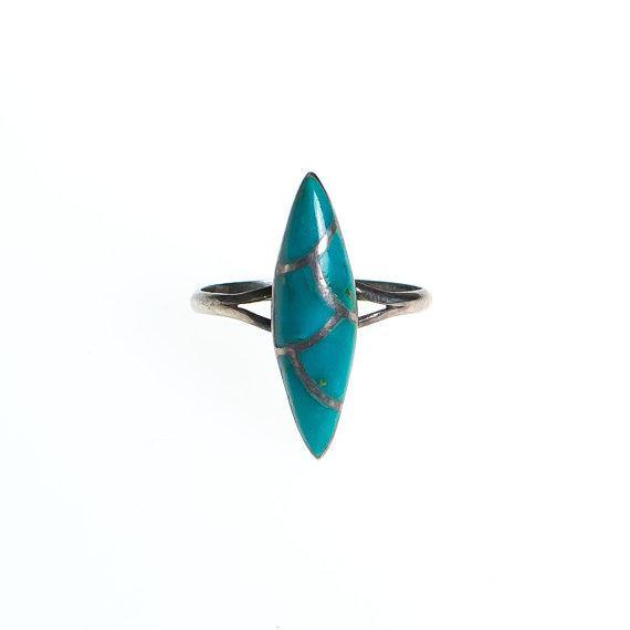 Vintage Turquoise and Sterling Silver Inlay Statement Ring by 1970s - Vintage Meet Modern Vintage Jewelry - Chicago, Illinois - #oldhollywoodglamour #vintagemeetmodern #designervintage #jewelrybox #antiquejewelry #vintagejewelry