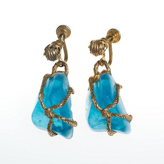 Vintage Blue Rock Candy Lucite Dangle Drop Earrings, 1950s Era by 1950s - Vintage Meet Modern Vintage Jewelry - Chicago, Illinois - #oldhollywoodglamour #vintagemeetmodern #designervintage #jewelrybox #antiquejewelry #vintagejewelry