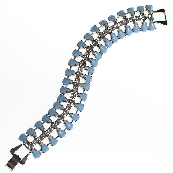 Vintage Art Deco Blue Milk Glass and Diamante Rhinestone Bracelet by Art Deco - Vintage Meet Modern Vintage Jewelry - Chicago, Illinois - #oldhollywoodglamour #vintagemeetmodern #designervintage #jewelrybox #antiquejewelry #vintagejewelry