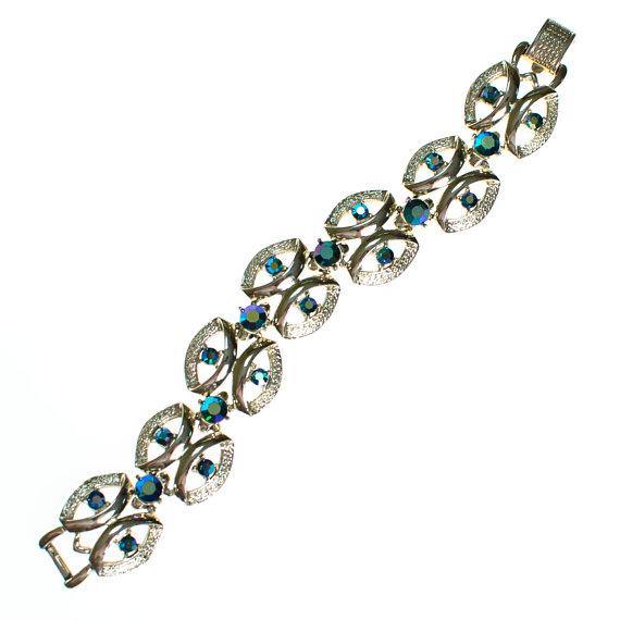 Vintage Signed Coro Bracelet, Silver Tone, Iridescent Blue Rhinestones, 1950's Bracelet by 1950s - Vintage Meet Modern Vintage Jewelry - Chicago, Illinois - #oldhollywoodglamour #vintagemeetmodern #designervintage #jewelrybox #antiquejewelry #vintagejewelry