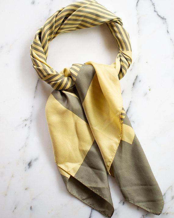 Yellow and Taupe 100% Silk Scarf Geometric Lines and Squares by 1980s - Vintage Meet Modern Vintage Jewelry - Chicago, Illinois - #oldhollywoodglamour #vintagemeetmodern #designervintage #jewelrybox #antiquejewelry #vintagejewelry