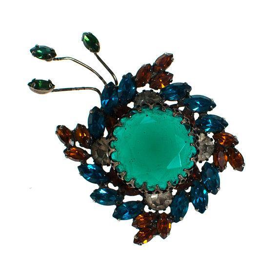 Vintage Aqua, Amber, and Diamante Rhinestone Spray Style Rhinestone Brooch