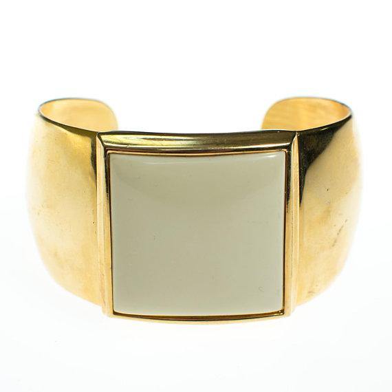 Vintage Avon Wide Gold Cuff Bracelet with Cream Ivory Lucite by Avon - Vintage Meet Modern Vintage Jewelry - Chicago, Illinois - #oldhollywoodglamour #vintagemeetmodern #designervintage #jewelrybox #antiquejewelry #vintagejewelry