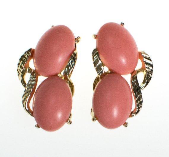 Vintage Blush Pink Lucite Statement Earrings, Gold Tone, Clip-on by 1950s - Vintage Meet Modern Vintage Jewelry - Chicago, Illinois - #oldhollywoodglamour #vintagemeetmodern #designervintage #jewelrybox #antiquejewelry #vintagejewelry