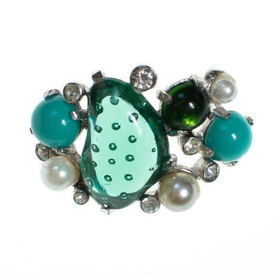 Vintage Castlecliff Brooch Emerald Turquoise Lucite, Jade Green, Faux Pearls by 1960s - Vintage Meet Modern Vintage Jewelry - Chicago, Illinois - #oldhollywoodglamour #vintagemeetmodern #designervintage #jewelrybox #antiquejewelry #vintagejewelry
