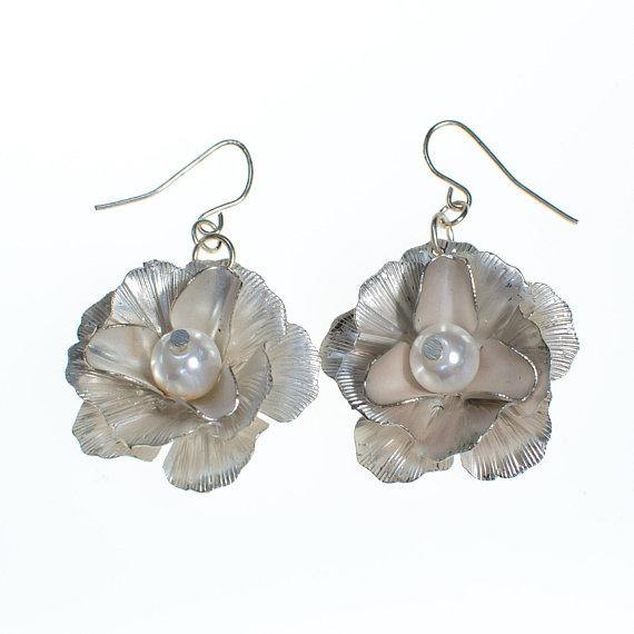 Vintage Silver Camellia Flower Earrings with Pearl Centers
