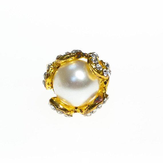 Vintage Faux Pearl and Rhinestones Statement Cocktail Ring, Adjustable by 1960s - Vintage Meet Modern Vintage Jewelry - Chicago, Illinois - #oldhollywoodglamour #vintagemeetmodern #designervintage #jewelrybox #antiquejewelry #vintagejewelry