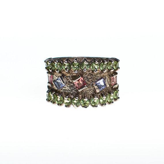 Vintage Sterling Silver Band Ring with Blue, Pink and  Green Topaz