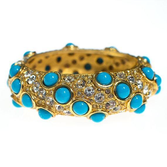 Vintage Rhinestone and Turquoise Cabochon Hinged Bangle Bracelet by 1960s - Vintage Meet Modern Vintage Jewelry - Chicago, Illinois - #oldhollywoodglamour #vintagemeetmodern #designervintage #jewelrybox #antiquejewelry #vintagejewelry
