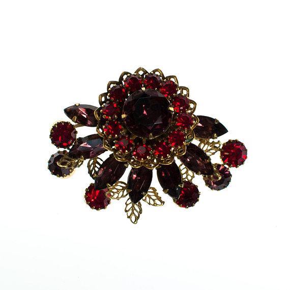 Vintage Coro Brooch, Purple Rhinestones, Red Rhinestones, Gold Tone Filigree Accents Brooch by Coro - Vintage Meet Modern Vintage Jewelry - Chicago, Illinois - #oldhollywoodglamour #vintagemeetmodern #designervintage #jewelrybox #antiquejewelry #vintagejewelry