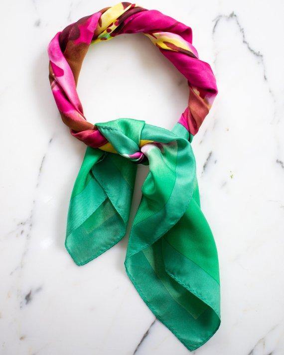 Talbots Floral Orchid 100% Silk Scarf, Vibrant Colors, Pink, Green, and Yellow