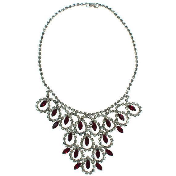 Vintage Art Ruby Red and Diamante Rhinestone Bib Necklace by Art Deco - Vintage Meet Modern Vintage Jewelry - Chicago, Illinois - #oldhollywoodglamour #vintagemeetmodern #designervintage #jewelrybox #antiquejewelry #vintagejewelry