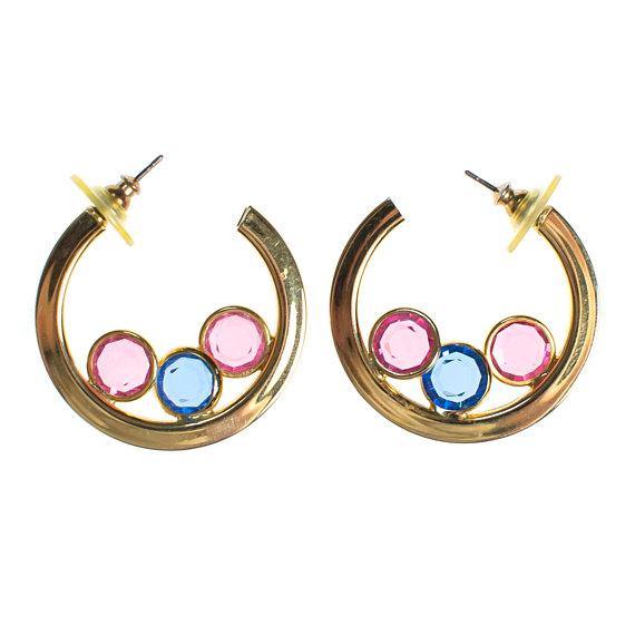 Vintage Medium Gold Hoop Earrings with Pastel Rhinestone Bezel Set Swarovski Crystal by 1980s - Vintage Meet Modern Vintage Jewelry - Chicago, Illinois - #oldhollywoodglamour #vintagemeetmodern #designervintage #jewelrybox #antiquejewelry #vintagejewelry