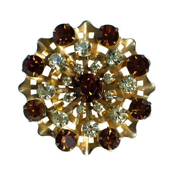 Vintage Yellow and Amber Rhinestone Round Medallion Brooch