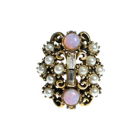 Hollycraft Adjustable Ring, Faux Seed Pearls, Opaline, Rhinestones, Gold Tone