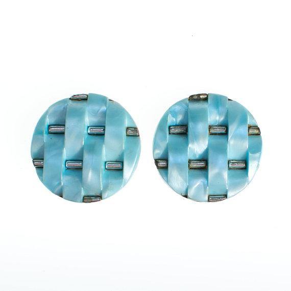 Vintage Silver Tone and Blue Lucite Clip on Earrings, Basket Weave Design