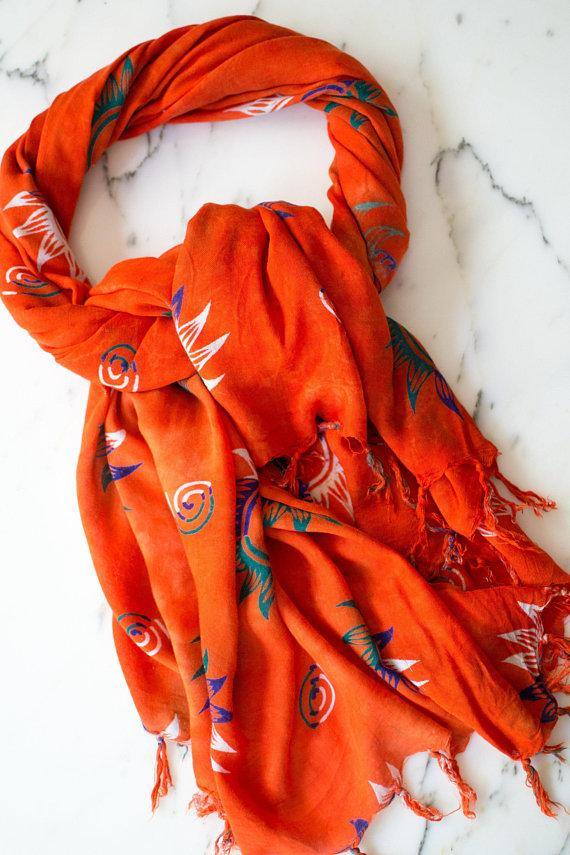 Vintage Orange Scarf, Wrap with Blue, White, and Green Sun Shapes, Large Scarf Shawl by 1980s - Vintage Meet Modern Vintage Jewelry - Chicago, Illinois - #oldhollywoodglamour #vintagemeetmodern #designervintage #jewelrybox #antiquejewelry #vintagejewelry