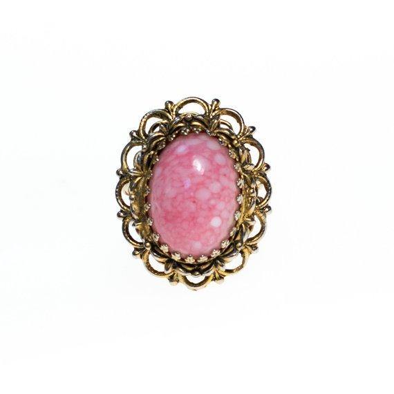 Vintage Pink Art Glass Statement Ring, Adjustable