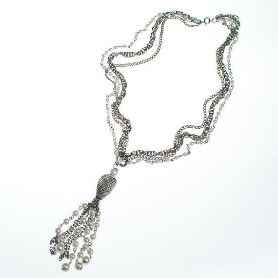 Vintage Pearl and Silver Chain Tassel Necklace
