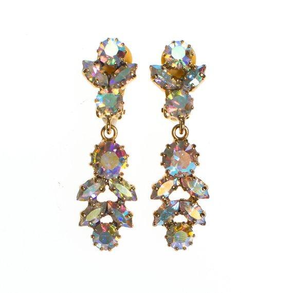 Vintage Aurora Borealis Rhinestone Chandelier Statement Earrings, Clip On, Dangling