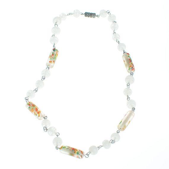 Vintage 1940s Frosted Glass Bead Necklace embossed with Colorful Flowers by 1940s - Vintage Meet Modern Vintage Jewelry - Chicago, Illinois - #oldhollywoodglamour #vintagemeetmodern #designervintage #jewelrybox #antiquejewelry #vintagejewelry