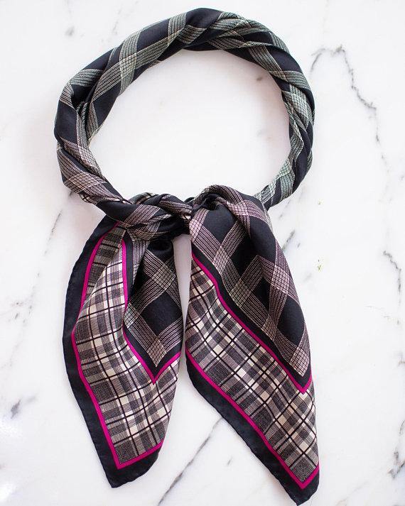 Anne Klein Silk Scarf Black, White, and Pink Checkerboard Pattern