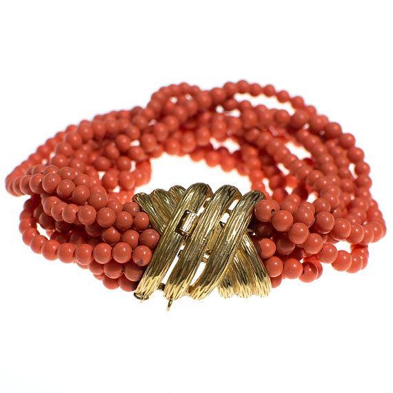Vintage Ciner Coral Multi Strand Coral Bracelet with Gold Clasp