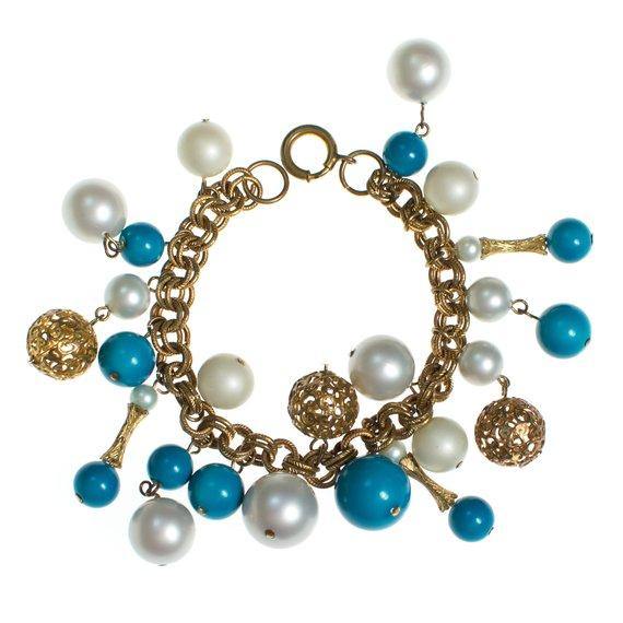 Vintage Gold Tone Charm Bracelet with White Pearl and Turquoise Beads, Multi-link Chain, Gold Tone Beads by 1960s - Vintage Meet Modern Vintage Jewelry - Chicago, Illinois - #oldhollywoodglamour #vintagemeetmodern #designervintage #jewelrybox #antiquejewelry #vintagejewelry