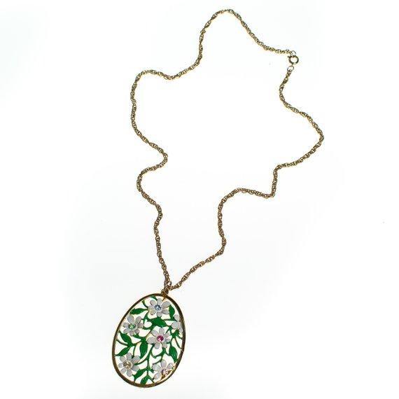 Vintage 1960s White Daisy Enamel Flower Pendant with Colorful Rhinestones