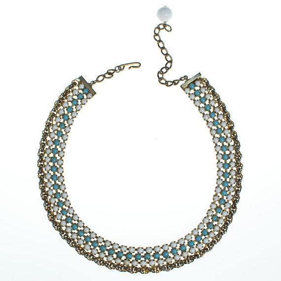 Vintage Turquoise and White Milk Glass Rhinestone Choker Necklace